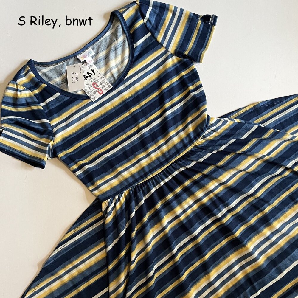 Small Lularoe Riley midi maxi dress, blue yellow white stripes, cottony